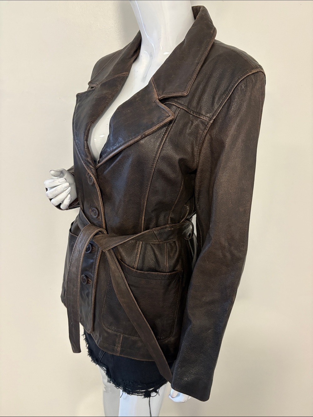 Vintage Wilson’s Leather Dark Brown Distressed Look Leather Belted Jacket - Picture 2 of 8